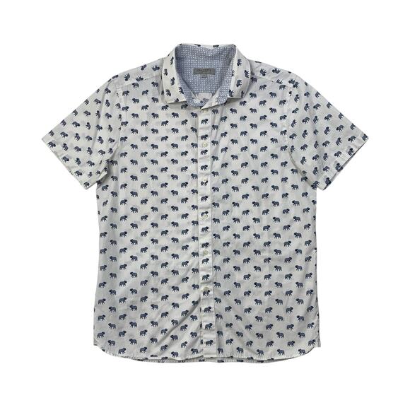 Ted Baker Shirt Mens 4 White Blue Allover Elephant Printed Cotton Short Sleeve - Picture 1 of 10